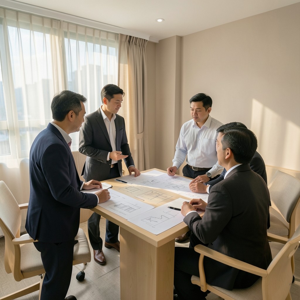 Mind Beaconcore consultants discussing printed planning layouts in a Thonglor studio