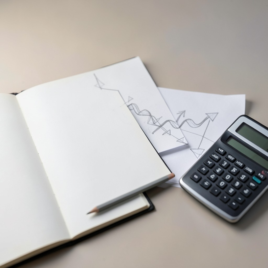 Notebook sketch of a cash runway timeline beside a calculator