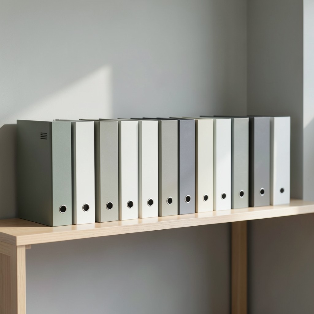 Department budget binders organised on a meeting shelf