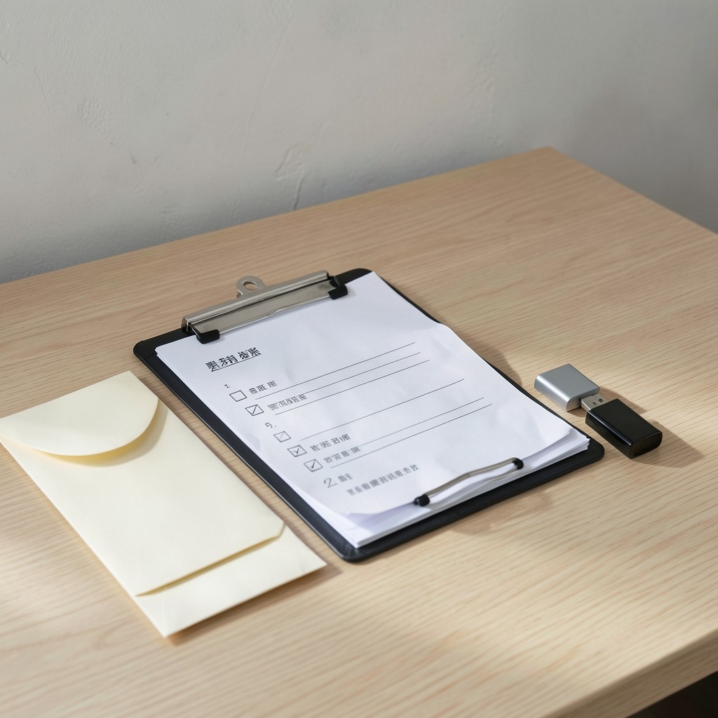 Checklist and USB drives prepared for a finance data handoff