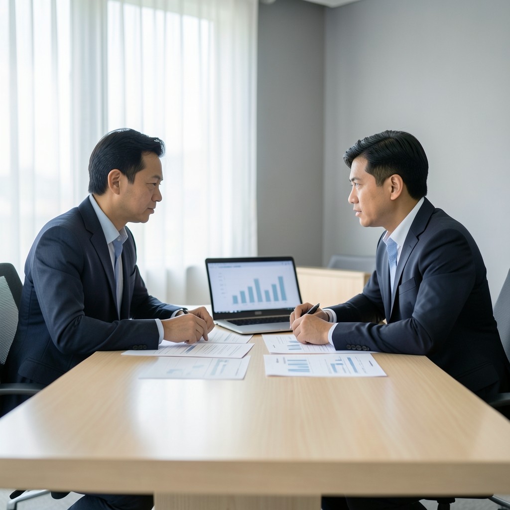 Finance professionals reviewing planning charts at a bright Bangkok office table