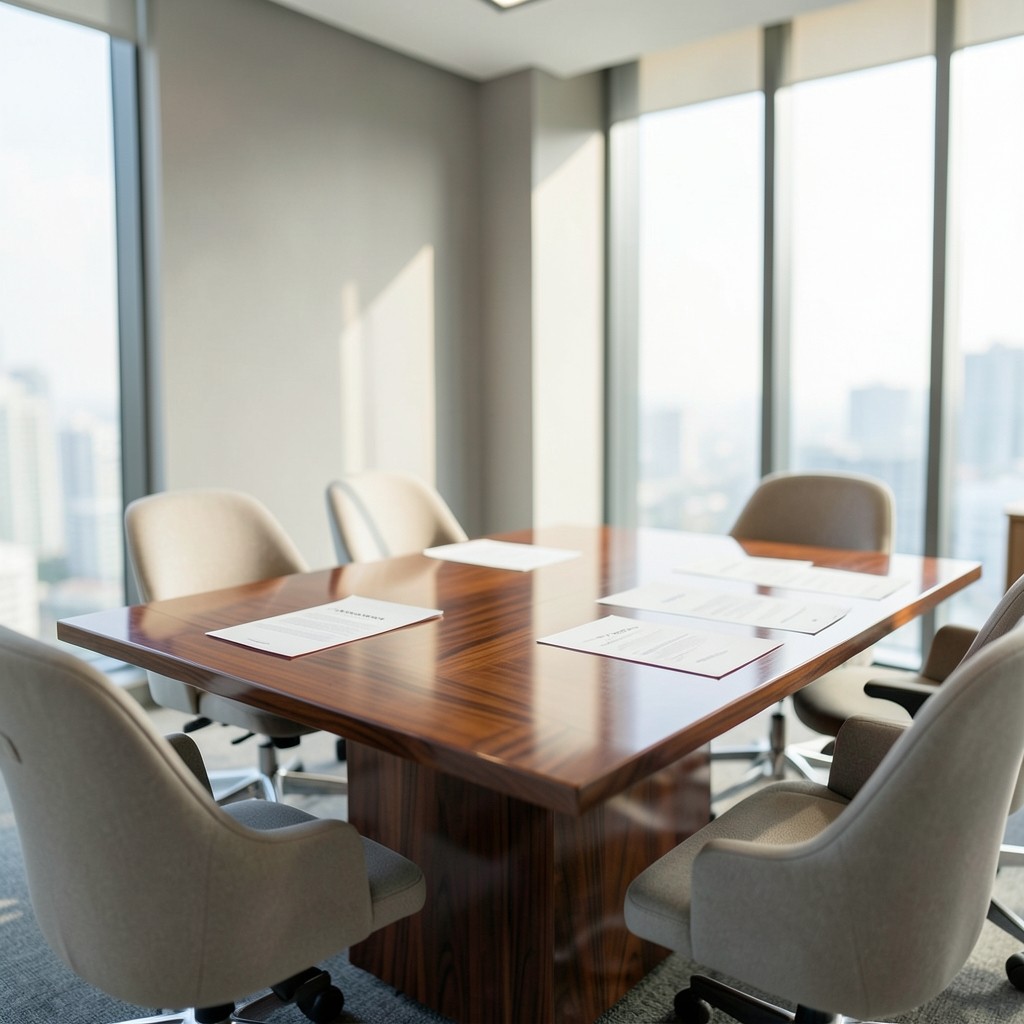 Conference table with board pack printouts arranged for review