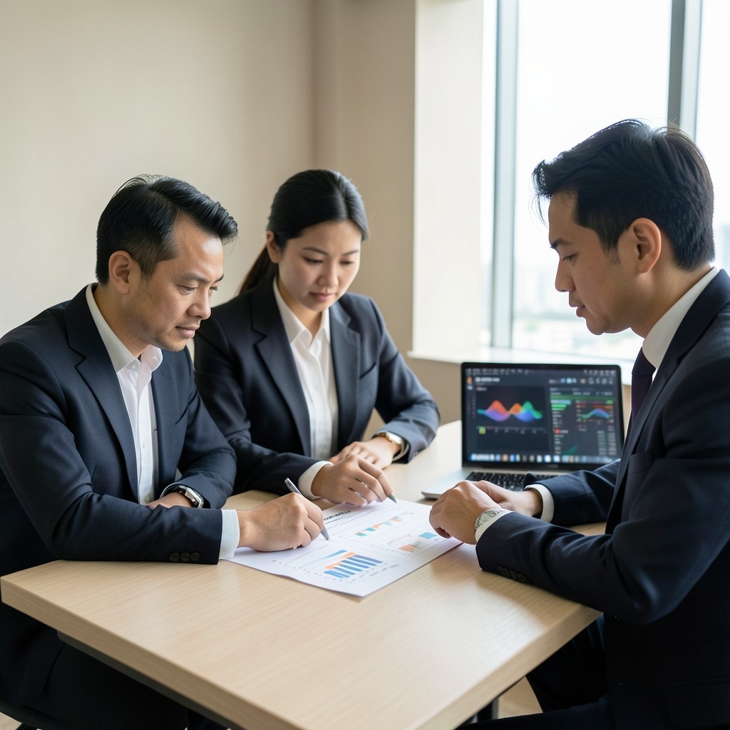 Finance team reviewing a printed planning chart beside a laptop in a Bangkok office